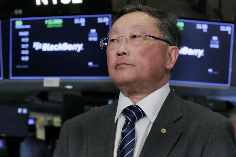 Blackberry Limited Chairman & CEO John Chen is interviewed on the floor of the New York Stock Exchange, Monday, Oct. 16, 2017. (AP Photo/Richard Drew)