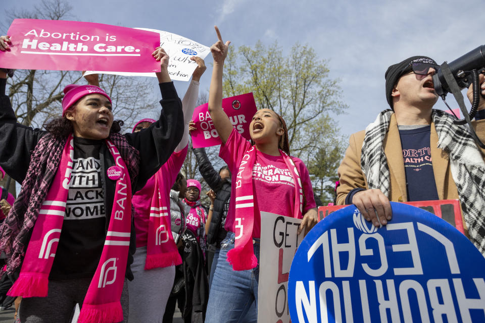 Abortion rights demonstrators rally outside the Supreme Court, Tuesday, March 26, 2024, in Washington. The Supreme Court is hearing arguments in its first abortion case since conservative justices overturned the constitutional right to an abortion two years ago. At stake in Tuesday's arguments is the ease of access to a medication used last year in nearly two-thirds of U.S. abortions. (AP Photo/Amanda Andrade-Rhoades)