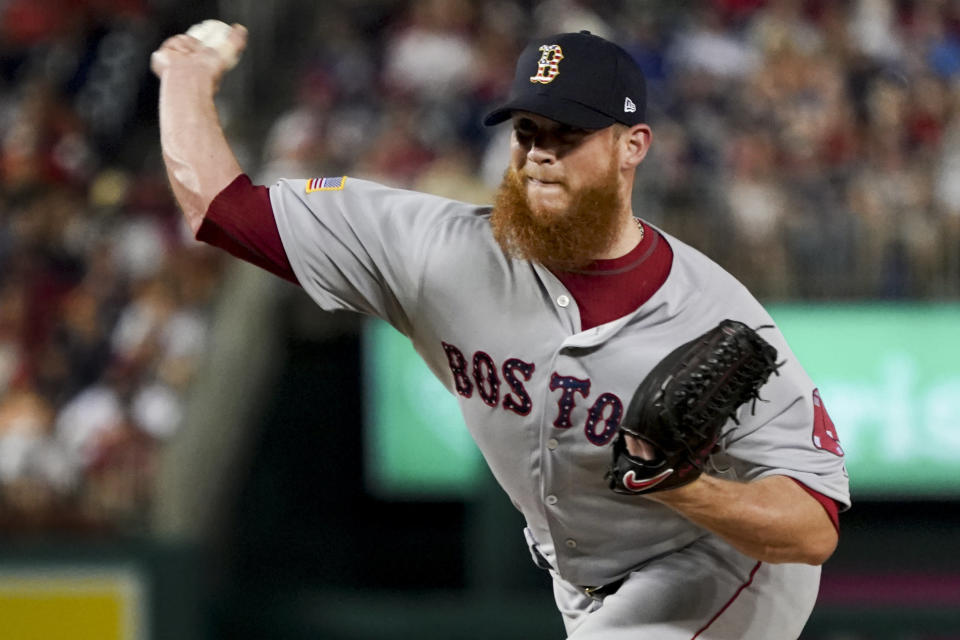 Boston Red Sox relief pitcher Craig Kimbrel (46) pitches during the eighth inning of a baseball game against the Washington Nationals at Nationals Park, Monday, July 2, 2018, in Washington. (AP Photo/Andrew Harnik)