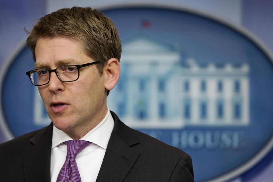 White House press secretary Jay Carney speaks during his daily news briefing at the White House in Washington, Thursday, Feb. 27, 2014. The secretary fielded questions from the situation in Ukraine to the 2016 Presidential election. (AP Photo/Jacquelyn Martin)