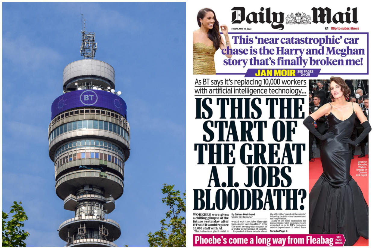 The Daily Mail suggested BT's shift to AI is the 'start of a jobs bloodbath' after the telecoms giant said it will cut tens of thousands of jobs. (Getty Images)