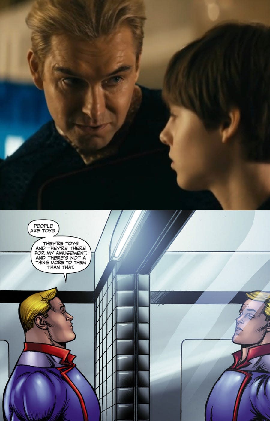 In the top image: Antony Starr as Homelander and Cameron Crovetti as Ryan on season four of "The Boys." In the bottom image: The character Homelander talking to himself in the comics.