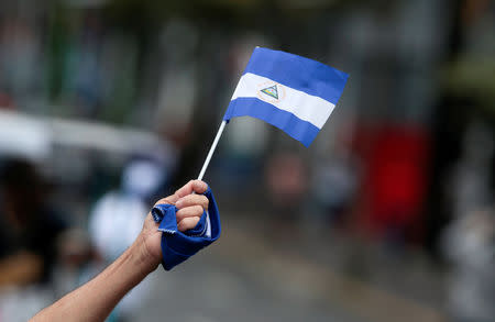 A Nicaraguan dissident holds a Nicaraguan flag during a march in protest against the government of Nicaraguan President Daniel Ortega, in San Jose, Costa Rica January 20, 2019. REUTERS/Juan Carlos Ulate/Files