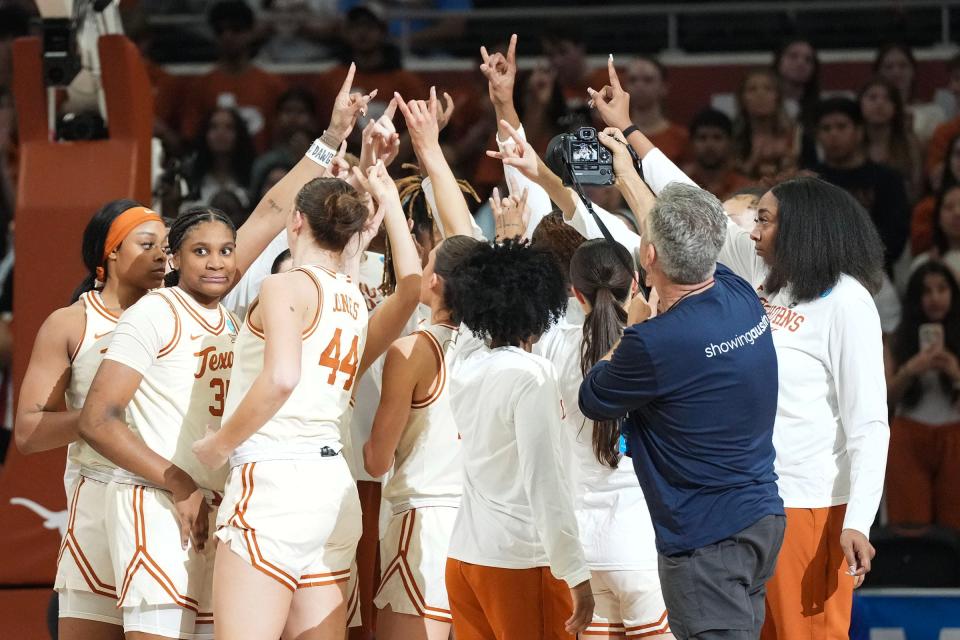 Texas huddles before its opening-round victory over Drexel in this past season's NCAA Women's Tournament. The Longhorns picked up their first commitment for the 2025 recruiting class on Monday, securing a pledge from the No. 4 overall prospect in the country.