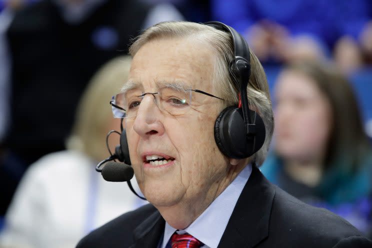 Brent Musburger signed off with, in part, this classic line: “Maybe you’ll pay me a visit out at my new place in Las Vegas? Why not? We can share a cold one, and maybe a win or two.” (Getty)