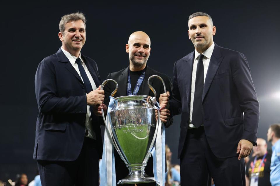 Ferran Soriano, Pep Guardiola and Manchester City president Khaldoon Al Mubarak celebrate the club's first Champions League (Getty Images)