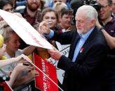 Jeremy Corbyn, leader of Britain's opposition Labour Party, signs placards at a campaign event in Reading, May 31, 2017. REUTERS/Peter Nicholls