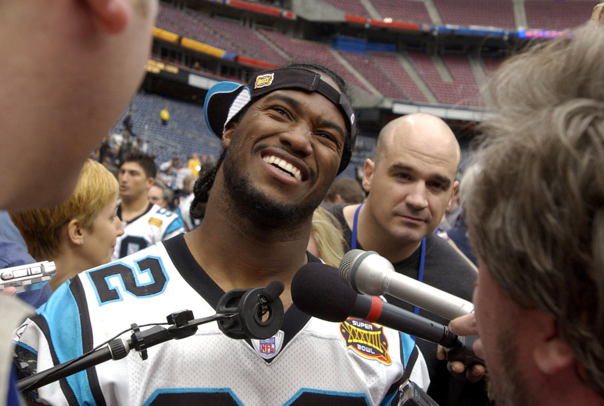 Carolina Panthers running back Rod Smart answers questions during media day before Super Bowl XXXVIII in 2004. (AP)