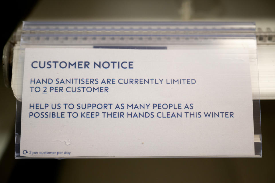 CARDIFF, WALES - FEBRUARY 28: Empty shelves in a Boots chemist after the retailer ran out of hand sanitiser following a limiting sales to two per customer on February 28, 2020, in Cardiff, Wales. Three more cases of the coronavirus (Covid-19) were confirmed in the UK today, including the first one in Wales. The virus has spread to 49 countries in a matter of weeks, claiming nearly 2,900 lives and infecting over 80,000. The World Health Organisation have increased their risk assessment to “very high”. (Photo by Matthew Horwood/Getty Images)