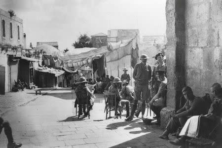 British soldiers are seen near Damascus Gate of Jerusalem's Old City in this October 22, 1938 file photo released by the Israeli Government Press Office (GPO) and obtained by Reuters on June 20, 2018. REUTERS/GPO/Eric Matson/Handout