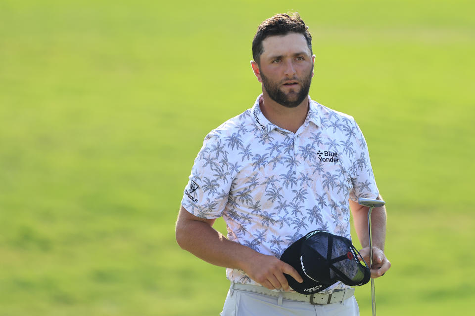 DUBLIN, OHIO - JUNE 05: Jon Rahm of Spain reacts on the 18th green during the third round of The Memorial Tournament at Muirfield Village Golf Club on June 05, 2021 in Dublin, Ohio. (Photo by Sam Greenwood/Getty Images)