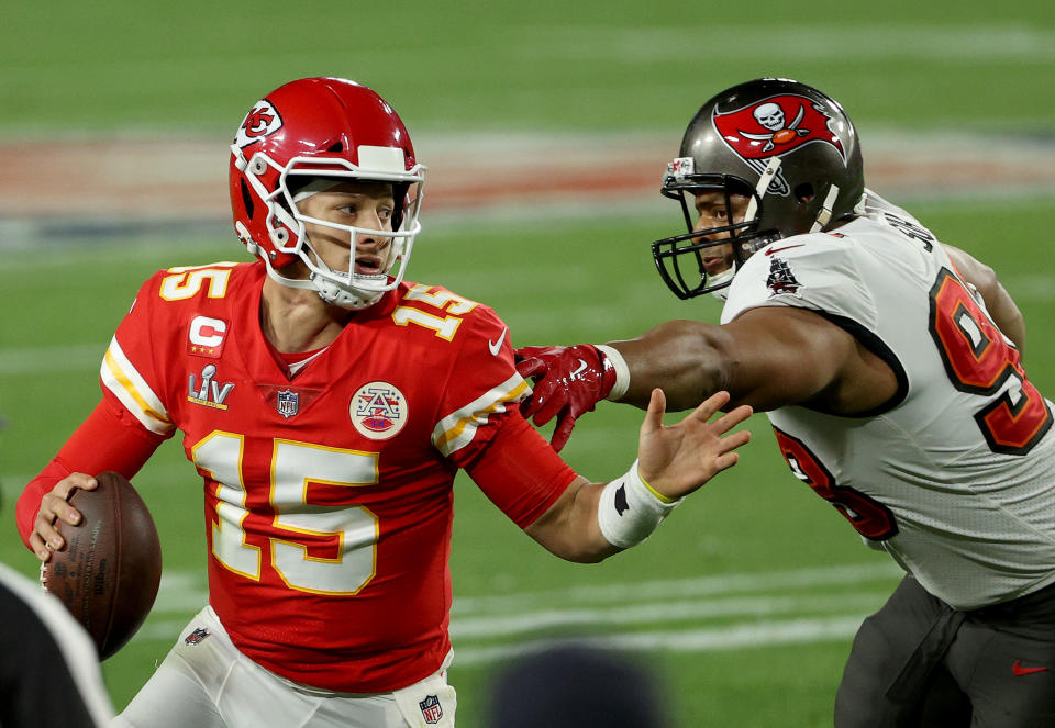 Patrick Mahomes was under duress on pretty much every snap of Super Bowl LV, and it didn't have to be that way. (Photo by Patrick Smith/Getty Images)