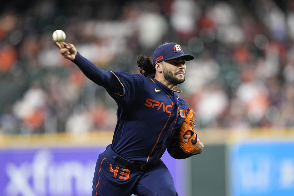 Houston Astros starting pitcher Lance McCullers Jr. throws against the Philadelphia Phillies during the first inning of a baseball game Monday, Oct. 3, 2022, in Houston. (AP Photo/David J. Phillip)
