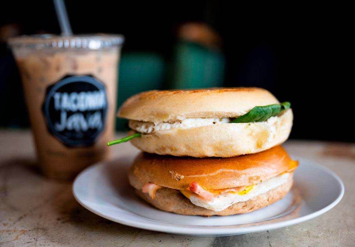 Tacoma Java Co. sources baked goods from 8 Arms Bakery in Olympia and Bruchelle’s Bagel Bistro in Covington. The bagel sandwiches have been super popular at the new 6th Avenue location, said the Halls.