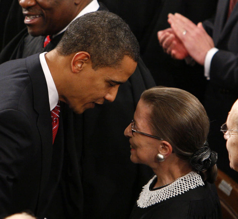 Obama greets Justice Ginsburg prior to his address before a joint session of Congress. (Photo: Charles Dharapak/AP)