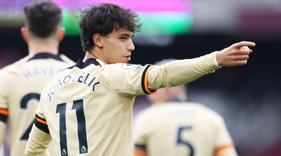 Joao Felix of Chelsea celebrates after scoring his team's first goal during the Premier League match between West Ham United and Chelsea at the London Stadium on February 11, 2023 in London, United Kingdom.