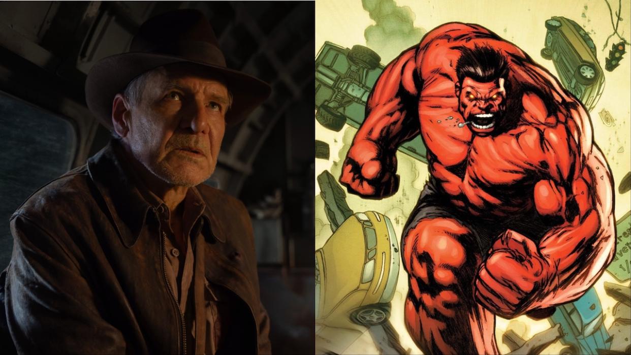  Harrison Ford as Indiana Jones in Dial of Destiny, and Marvel Comics artwork of Red Hulk. 