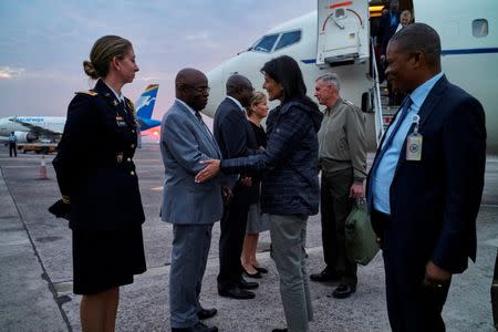 U.S. Ambassador to the United Nations Nikki Haley is received upon arriving at the N'Djili International Airport in Kinshasa, Democratic Republic of Congo, October 25, 2017. Picture taken October 25, 2017. REUTERS/Robert Carrubba