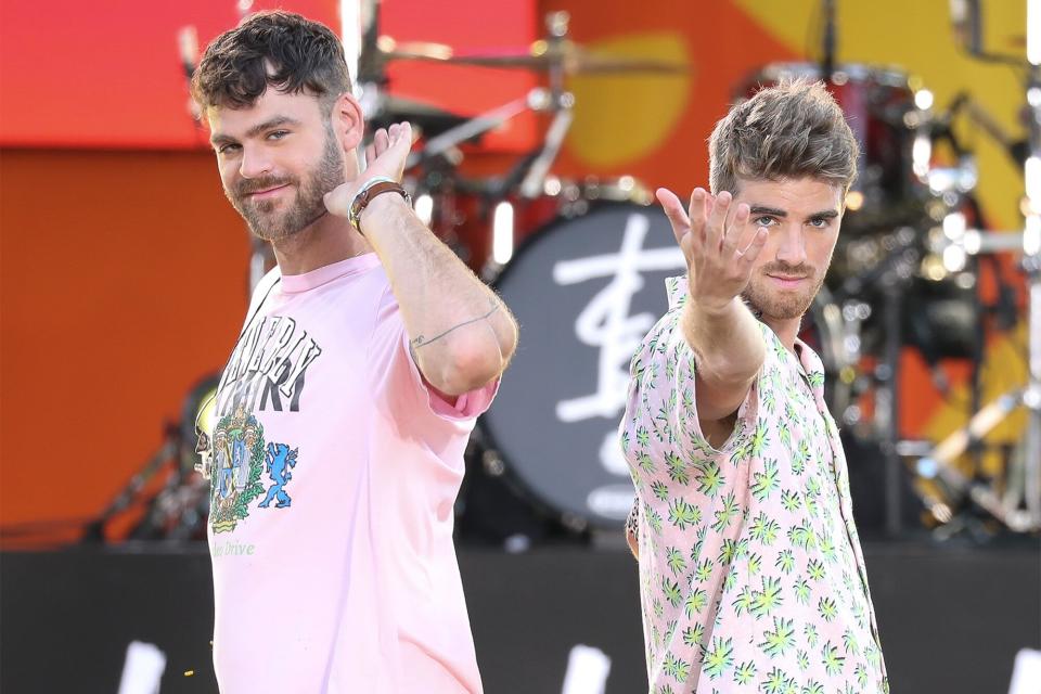 Andrew Taggart and DJ Alex Pall of The Chainsmokers pose for photos on ABC's "Good Morning America" at SummerStage at Rumsey Playfield, Central Park on August 10, 2018 in New York City.