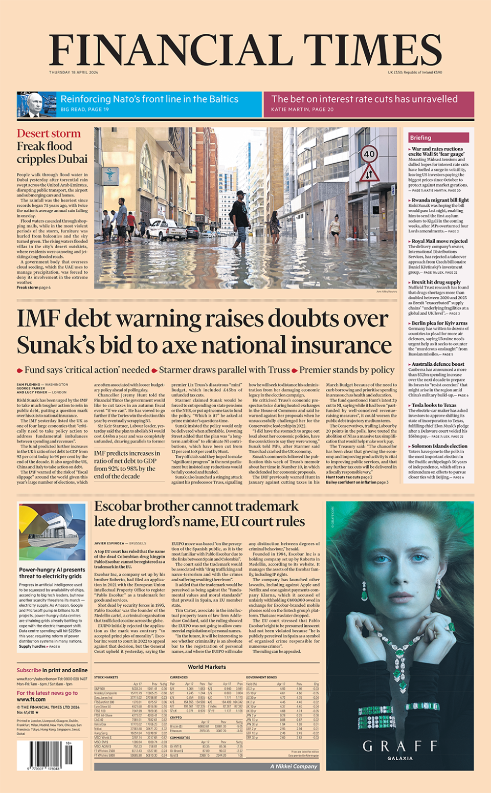 The headline in the Financial Times reads: "IMF debt warning raises doubts over Sunak's bid to axe national insurance".