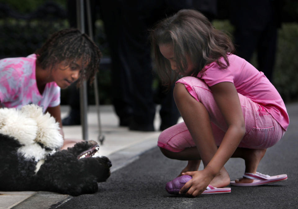 FILE - In this Sept. 15, 2009, file photo Malia Obama, left, and Sasha Obama play with family dog Bo as they wait for President Barack Obama to arrive on the South Lawn of the White House in Washington. Former President Barack Obama’s dog, Bo, died Saturday, May 8, 2021, after a battle with cancer, the Obamas said on social media. (AP Photo/Gerald Herbert)