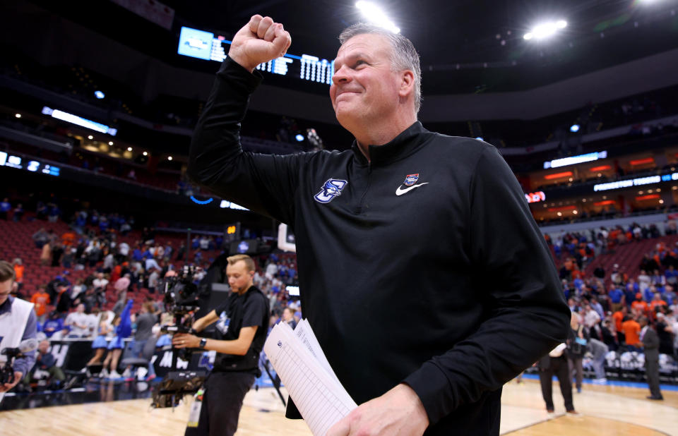 Mar 24, 2023; Louisville, KY, USA; Creighton Bluejays head coach Greg McDermott celebrates after defeating the <a class="link " href="https://sports.yahoo.com/ncaaw/teams/princeton/" data-i13n="sec:content-canvas;subsec:anchor_text;elm:context_link" data-ylk="slk:Princeton Tigers;sec:content-canvas;subsec:anchor_text;elm:context_link;itc:0">Princeton Tigers</a> in the NCAA tournament round of sixteen at KFC YUM! Center. Mandatory Credit: Jordan Prather-USA TODAY Sports