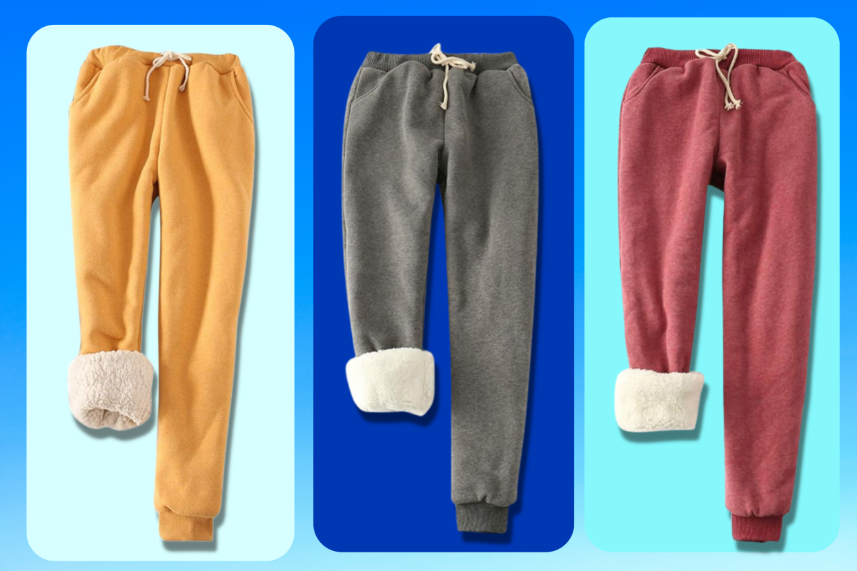 Yellow sherpa sweatpants, gray sherpa sweatpants, red sherpa sweatpants