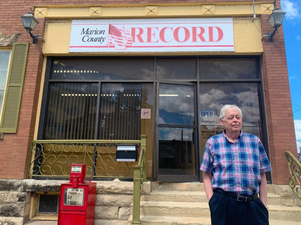 Eric Meyer, the editor and publisher of the Marion County Record, stands outside the newspaper’s office on Monday. The office and Meyer’s home were raided by police on Friday.