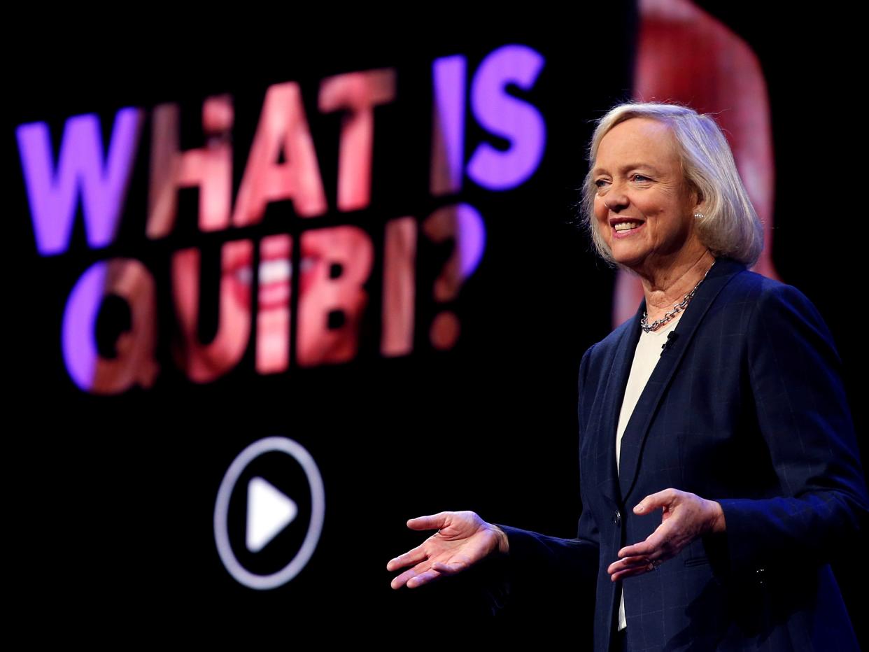 FILE PHOTO: Quibi CEO Meg Whitman speaks during a Quibi keynote address at the 2020 CES in Las Vegas, Nevada, U.S., January 8, 2020. REUTERS/Steve Marcus