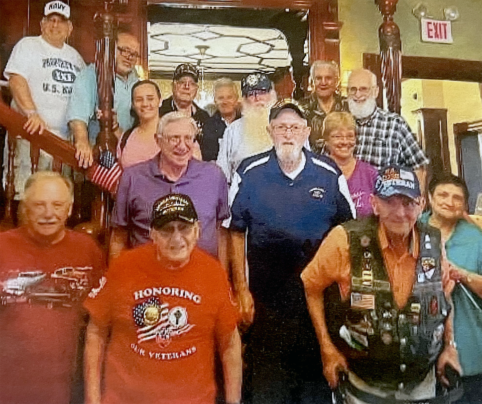 The Gym Rats group pictured last year at the Italo-American Club in Providence. Ed Bowen is in the center background with the long beard; Terry Siravo is standing in front of him, in the cap and dark blue shirt.