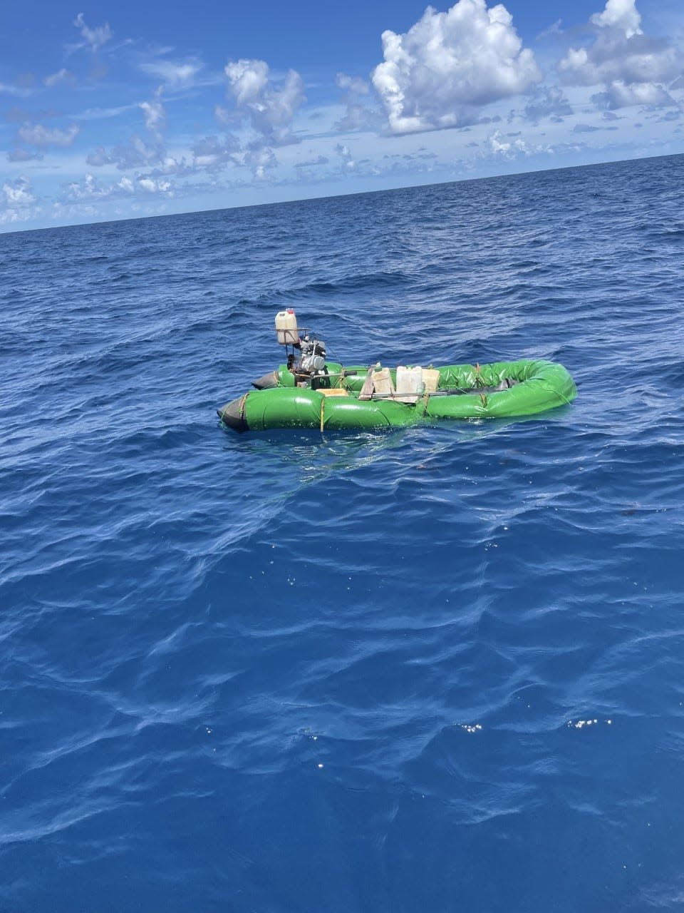 This suspected migrant raft was seen about six miles off the coast of Palm Beach County on Sept. 3, 2022. Captain Rick Nisbeth was asked by a circling Coast Guard plane to check to see if people were inside. It was empty. Contributed Rick Nisbeth