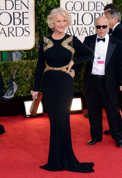 Golden Globes 2013: Helen Mirren wore a Badgley Mischka black gown with gold accents © Getty