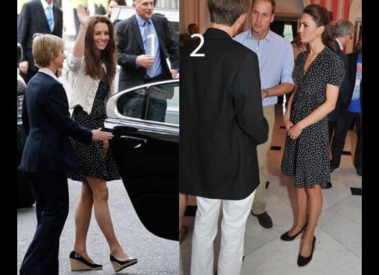 <strong>LOOK 1</strong>: Arriving at the Goring Hotel on April 28, 2011, wearing L.K. Bennett wedges.  <br>  <br><strong>LOOK 2</strong>: Speaking with volunteers in Ottawa on June 30, 2011, wearing Pied à Terre slingback wedges. (Getty photos)