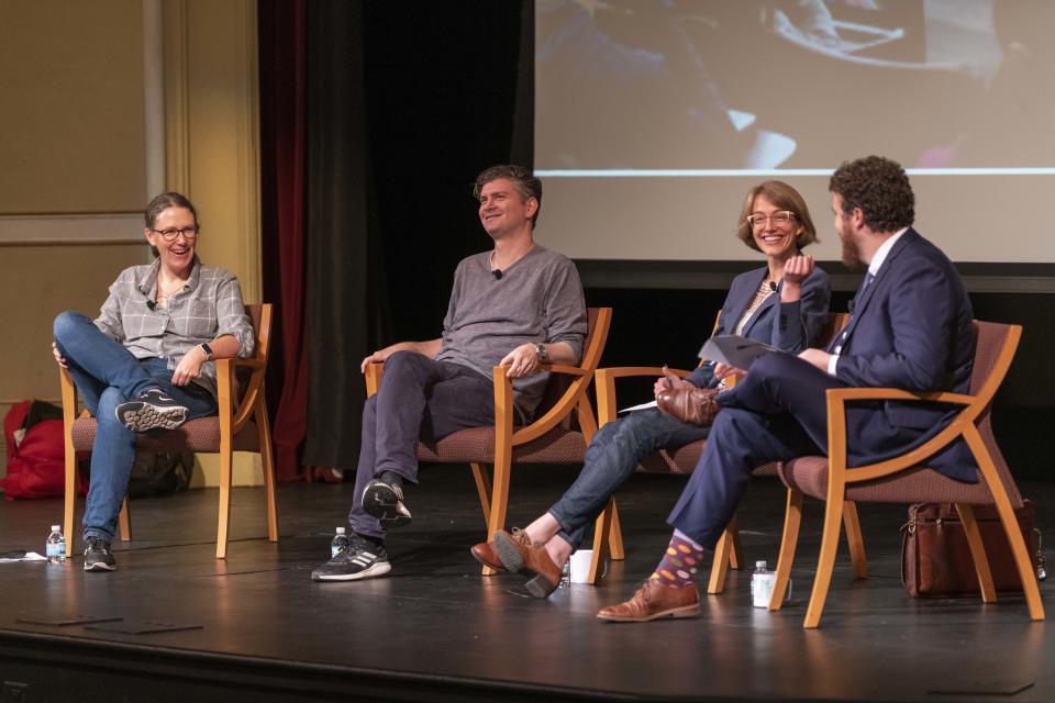 A discussion during the God and the Good Life class at the University of Notre Dame. From left, Meghan Sullivan, Mike Schur, Laura Callahan and Paul Blaschko. (Photo: Barbara Johnston/University of Notre Dame)