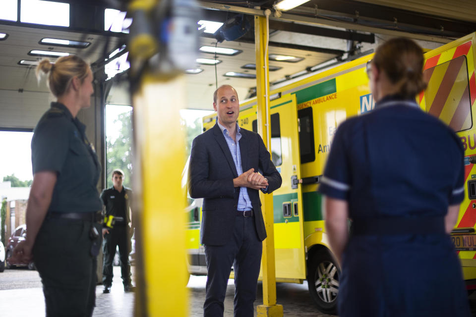 The Duke of Cambridge meets paramedic staff, maintaining social distancing, from the East of England Ambulance Service Trust during a visit to the Ambulance Station in King's Lynn, Norfolk.