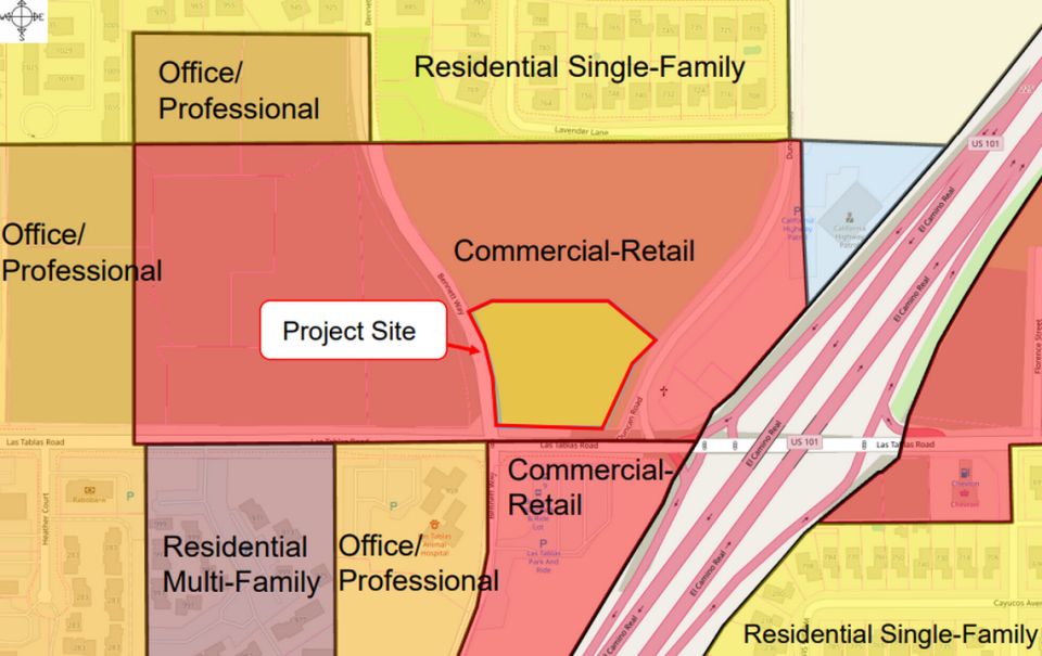 A gas station and convenience store planned for Las Tablas Road in Templeton is surrounded by commercial retail, offices, and residential family homes.