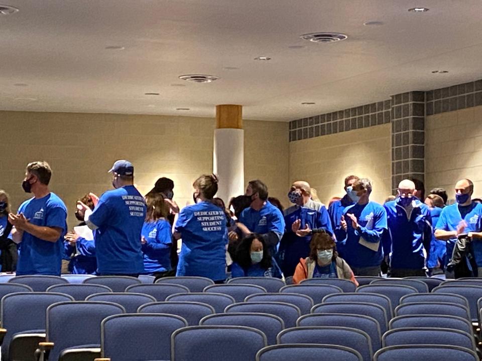 Teachers, parents and community members attend the Nov. 18th Pleasant Valley School District board meeting after an informational picketing event held prior to the meeting.