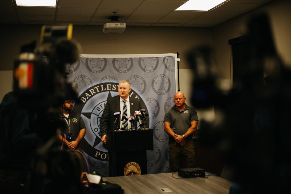 Bartlesville Police Chief Kevin Ickleberry announced the identification of the dead body found Monday night as Marcus Stephen Scott during a press conference.