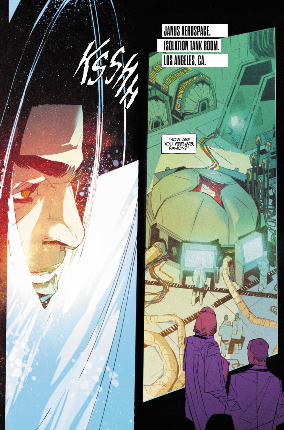 three comic book panels depicting scientists in a lab watching a person floating in a tank