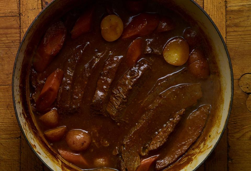 PHOTO: A pot of caramelized pasilla chile brisket. (Pati Jinich)