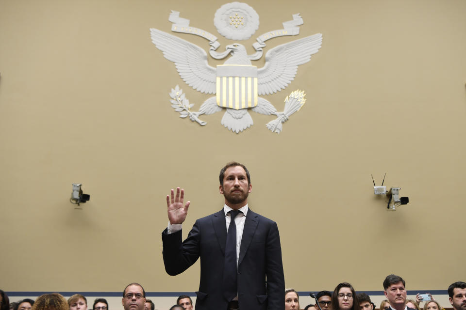 JUUL Labs co-founder and Chief Product Officer James Monsees is sworn in to testify before a House Oversight and Government Reform subcommittee on Capitol Hill in Washington, Thursday, July 25, 2019, during a hearing on the youth nicotine epidemic. (AP Photo/Susan Walsh)