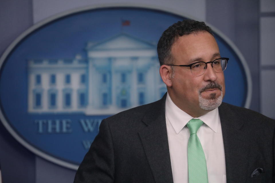 U.S. Secretary of Education Miguel Cardona takes part in a briefing at the White House in Washington, U.S., March 17, 2021. REUTERS/Leah Millis