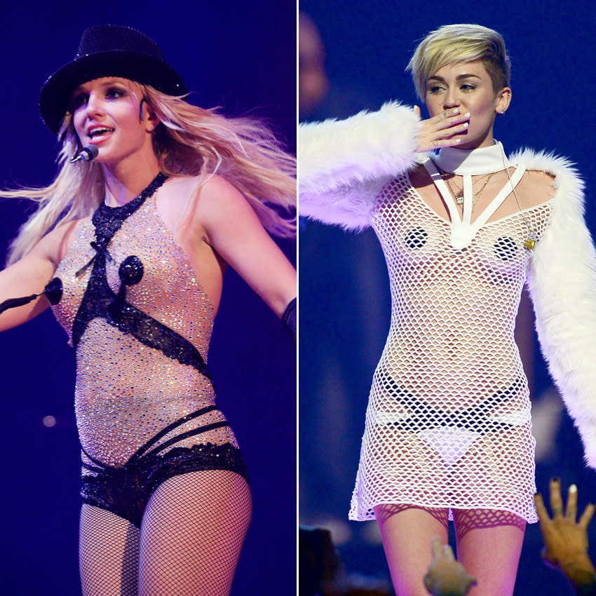 <p>Both Britney and Miley Cyrus found comfort in sheer, pasty-centric ensembles.</p>
