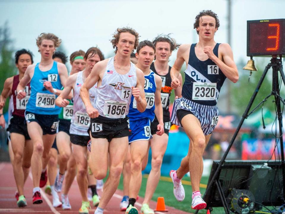 Olympia’s Ethan Coleman leads the pack after the second lap of the 1600-meters race at the State 2A, 3A, 4A track and field championships on Thursday, May 26, 2022, at Mount Tahoma High School in Tacoma Wash.