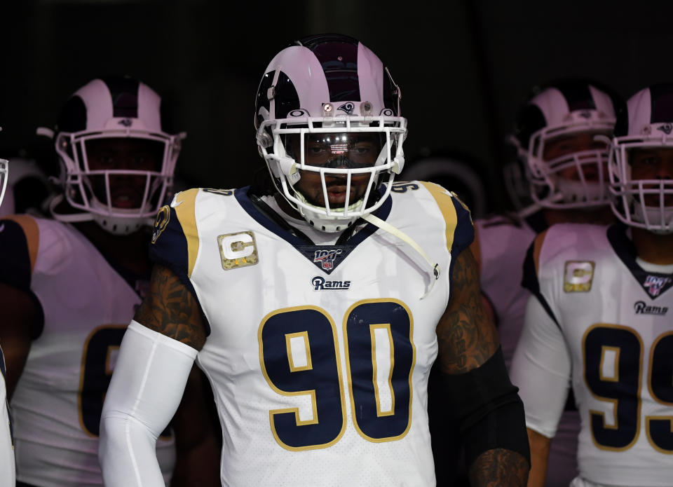 GLENDALE, ARIZONA - DECEMBER 01: Michael Brockers #90 of the Los Angeles Rams prepares to run onto the field for a game against the Arizona Cardinals at State Farm Stadium on December 01, 2019 in Glendale, Arizona. (Photo by Norm Hall/Getty Images)