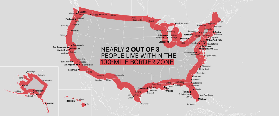 This illustration, created by the American Civil Liberties Union, shows the 100-mile border zone in which Fourth Amendment search and seizure protections don't fully apply. Nearly all of New England lies within the zone.