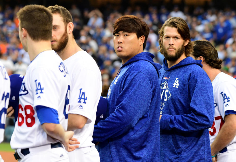 柳賢振與Clayton Kershaw。（MLB Photo by Harry How/Getty Images）