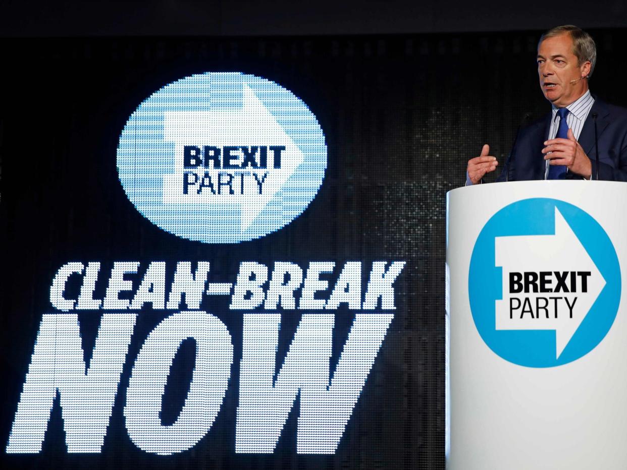 Brexit Party leader Nigel Farage delivers a speech to supporters in Westminster, central London: AFP via Getty Images
