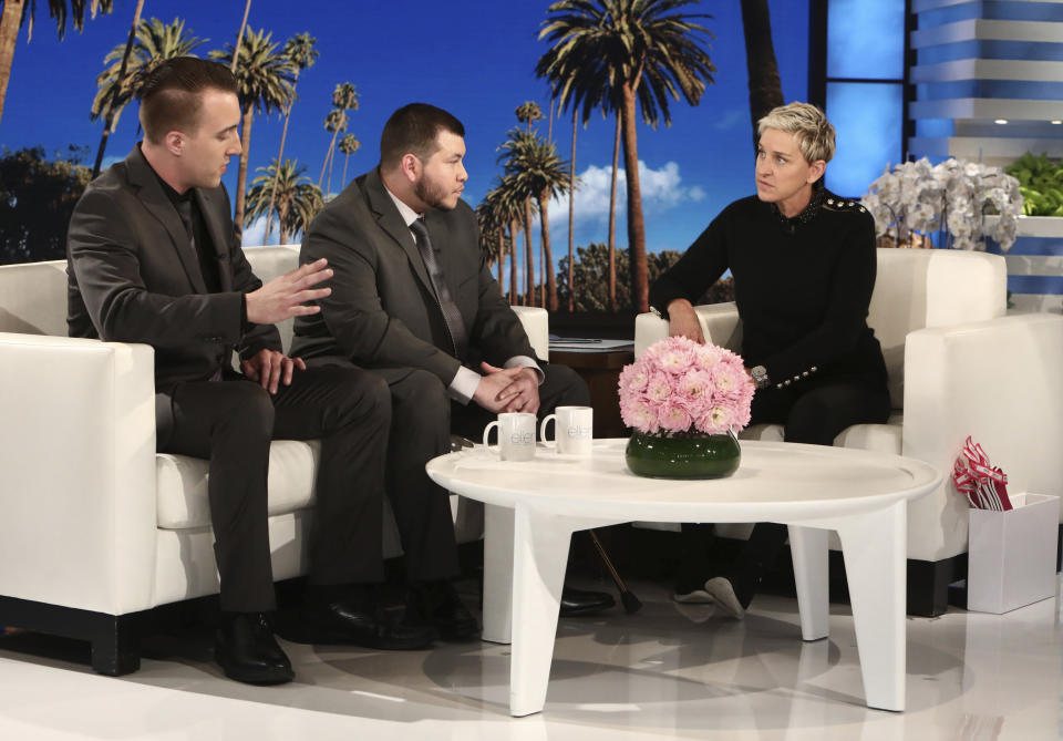 Stephen Schuck, left, and Jesus Campos sit with host Ellen Degeneres during a taping of “The Ellen DeGeneres Show” at the Warner Bros. lot in Burbank, Calif., on Oct. 17, 2017. Schuck, a building engineer, and Campos, a security guard, were working at the Mandalay Bay Resort and Casino the night of the mass shooting on Oct. 1. Campos was shot by gunman Stephen Paddock. (Photo: Michael Rozman/Warner Bros./AP)