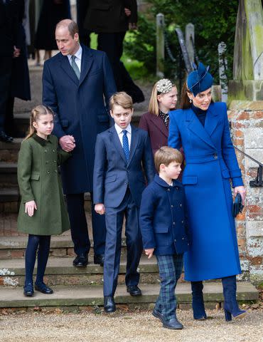 <p>Samir Hussein/WireImage</p> Kate Middleton and Prince William with Princess Charlotte, Prince George and Prince Louis on Dec. 25, 2023